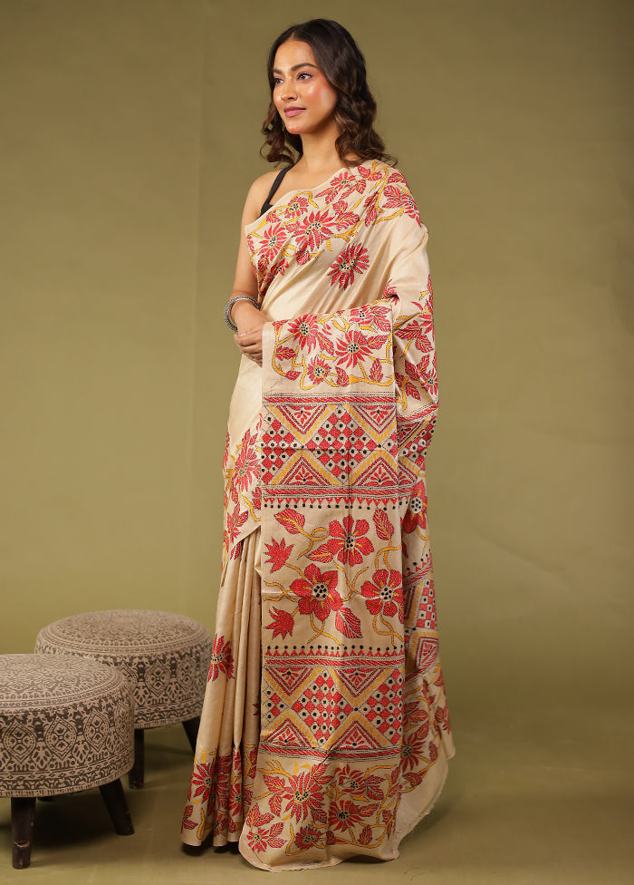 Cream Handloom Kantha Stitch Pure Silk Saree With Blouse Piece