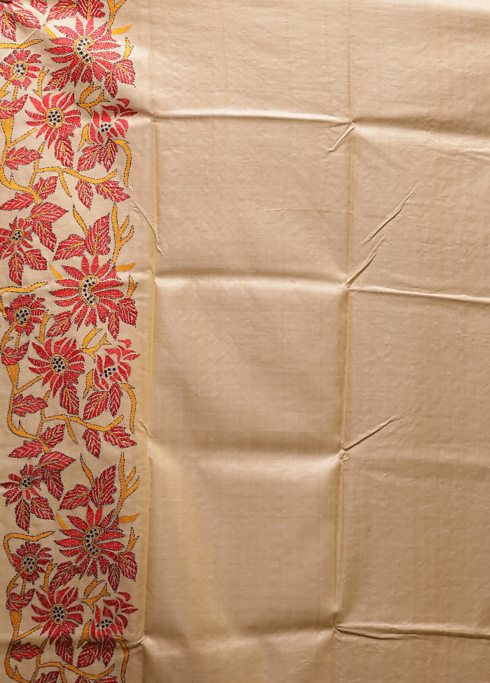 Cream Handloom Kantha Stitch Pure Silk Saree With Blouse Piece