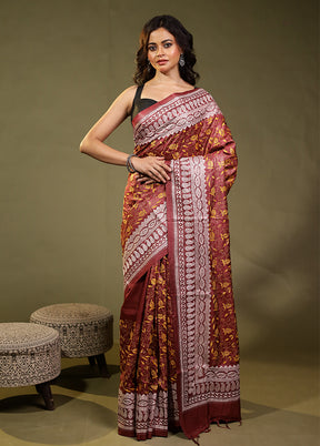 Pink Handloom Kantha Stitch Pure Silk Saree With Blouse Piece