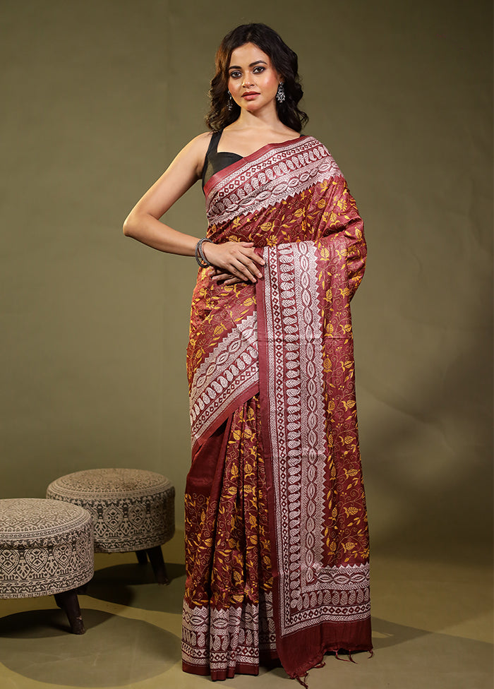 Pink Handloom Kantha Stitch Pure Silk Saree With Blouse Piece