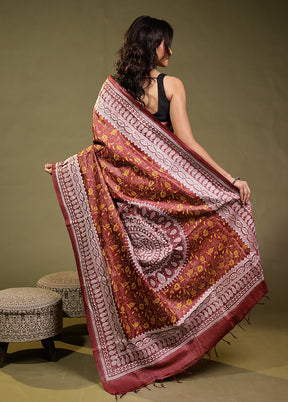 Pink Handloom Kantha Stitch Pure Silk Saree With Blouse Piece