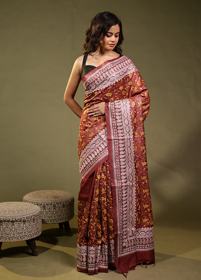 Pink Handloom Kantha Stitch Pure Silk Saree With Blouse Piece