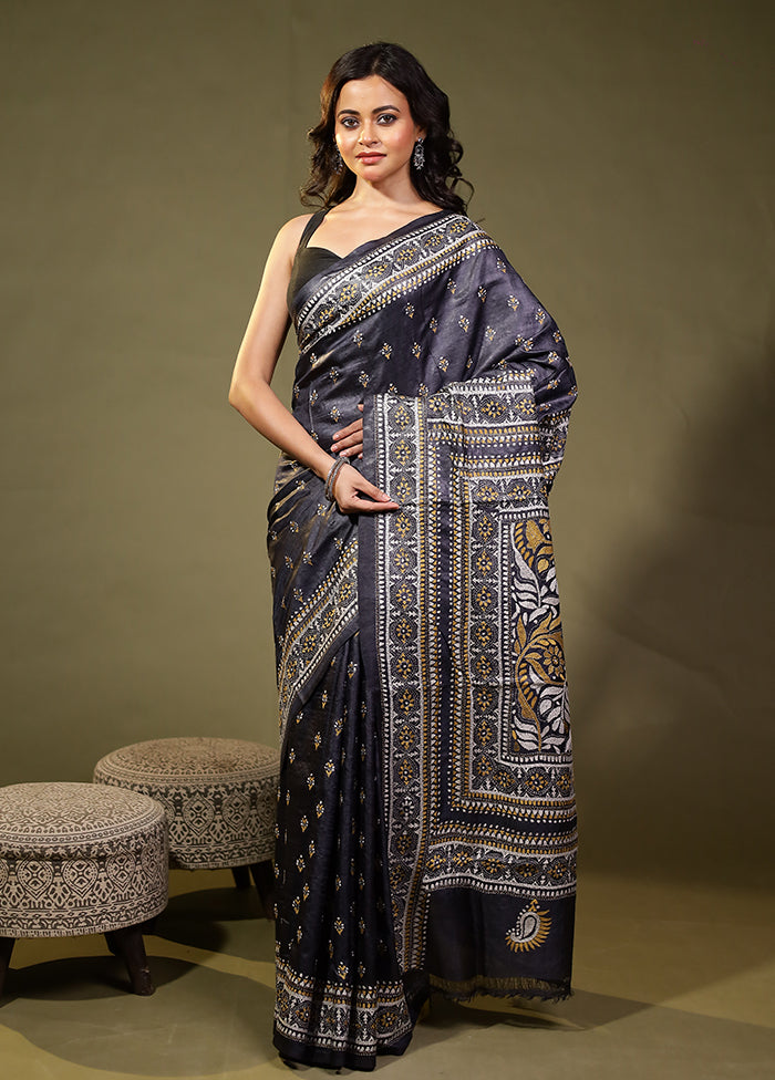 Grey Handloom Kantha Stitch Pure Silk Saree With Blouse Piece