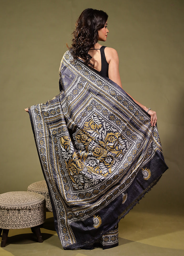 Grey Handloom Kantha Stitch Pure Silk Saree With Blouse Piece