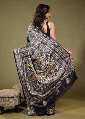 Grey Handloom Kantha Stitch Pure Silk Saree With Blouse Piece