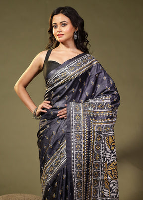 Grey Handloom Kantha Stitch Pure Silk Saree With Blouse Piece