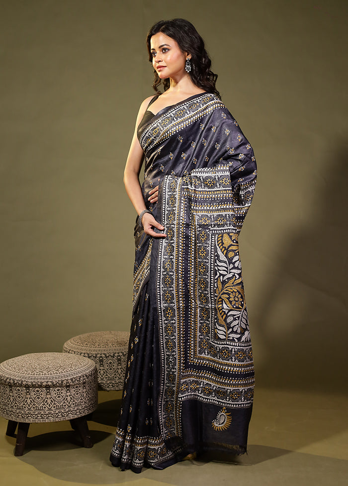 Grey Handloom Kantha Stitch Pure Silk Saree With Blouse Piece