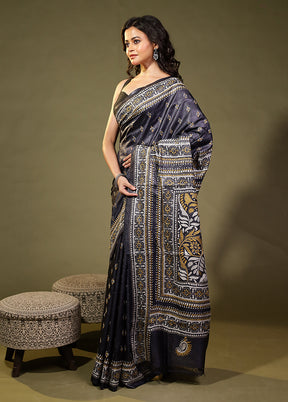 Grey Handloom Kantha Stitch Pure Silk Saree With Blouse Piece