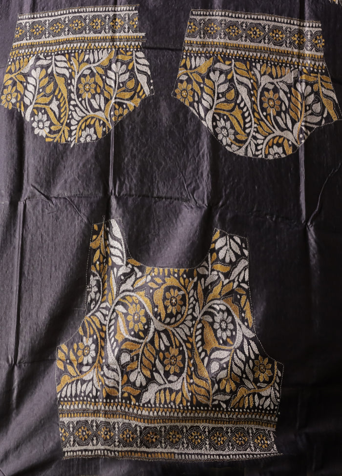 Grey Handloom Kantha Stitch Pure Silk Saree With Blouse Piece