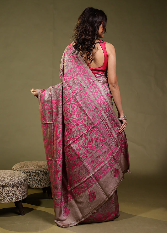 Cream Handloom Kantha Stitch Pure Silk Saree With Blouse Piece