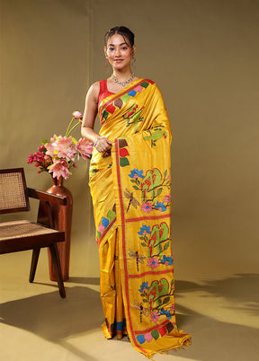 Yellow Handloom Kantha Stitch Pure Silk Saree With Blouse Piece