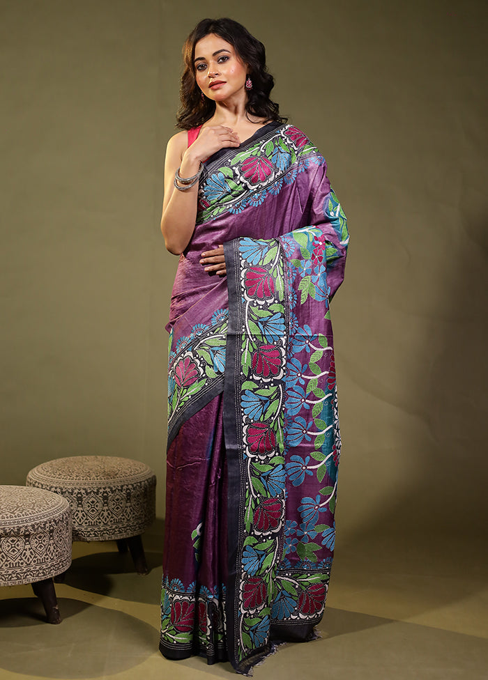 Purple Handloom Kantha Stitch Pure Silk Saree With Blouse Piece