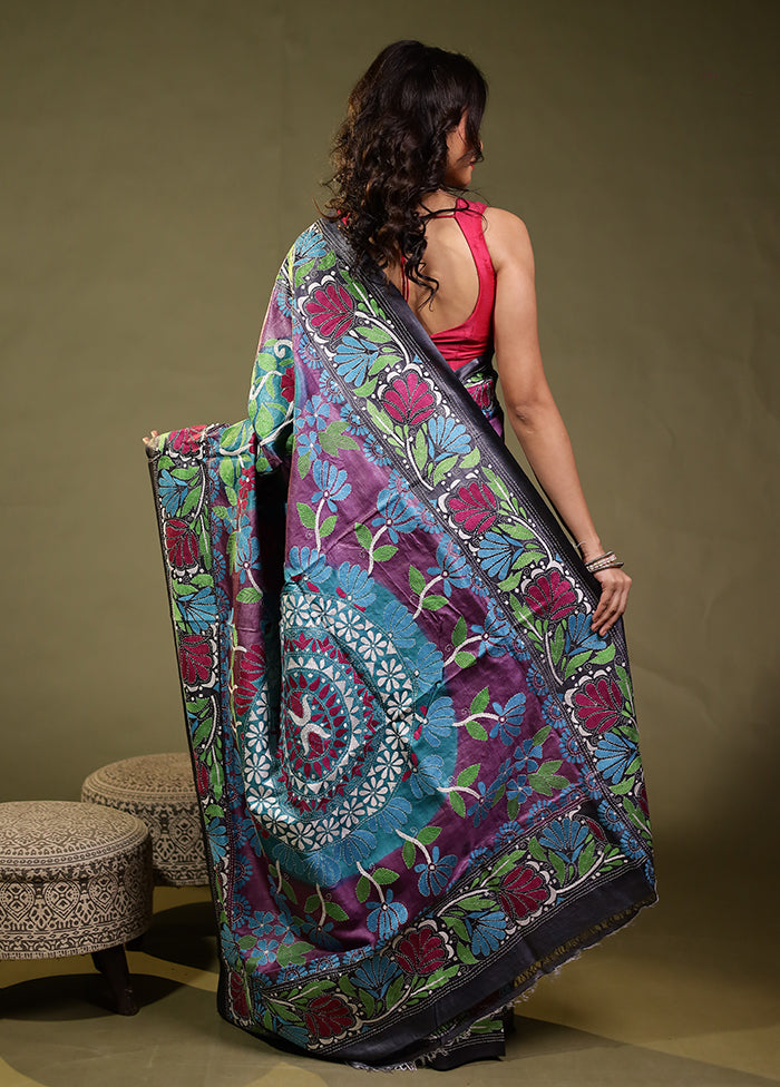 Purple Handloom Kantha Stitch Pure Silk Saree With Blouse Piece