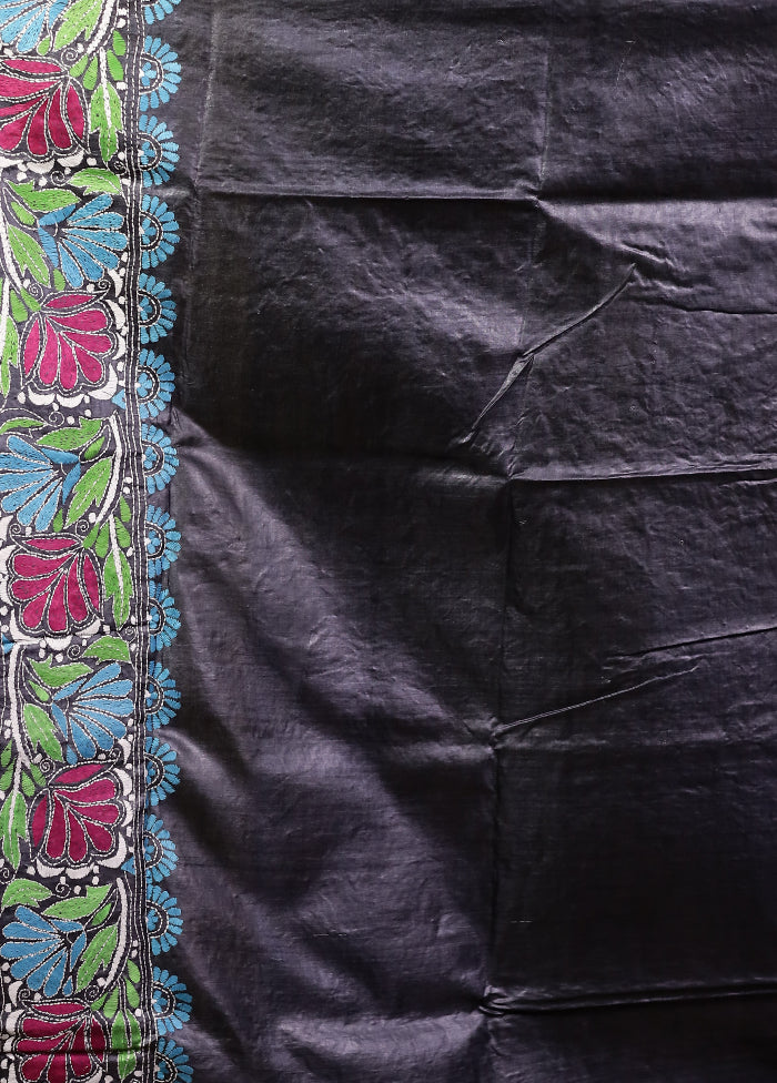 Purple Handloom Kantha Stitch Pure Silk Saree With Blouse Piece