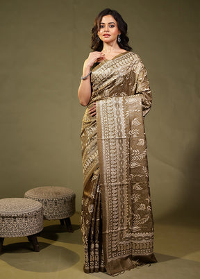Cream Handloom Kantha Stitch Pure Silk Saree With Blouse Piece