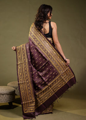 Purple Handloom Kantha Stitch Pure Silk Saree With Blouse Piece
