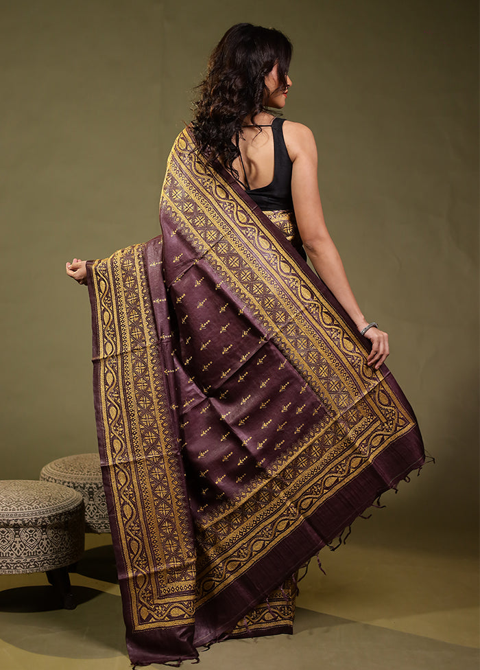 Purple Handloom Kantha Stitch Pure Silk Saree With Blouse Piece