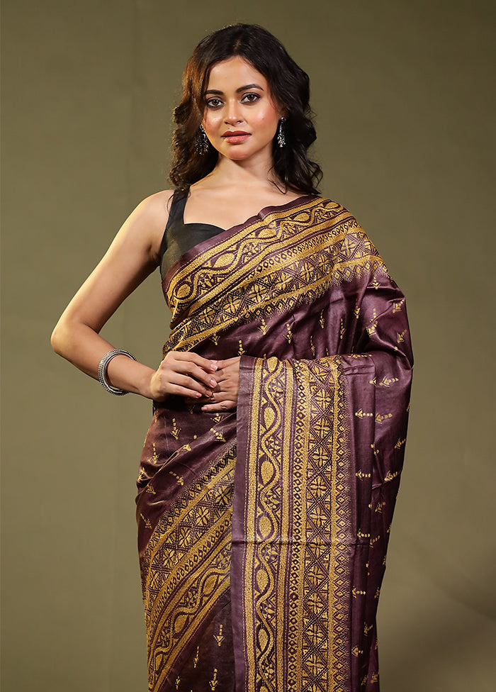 Purple Handloom Kantha Stitch Pure Silk Saree With Blouse Piece