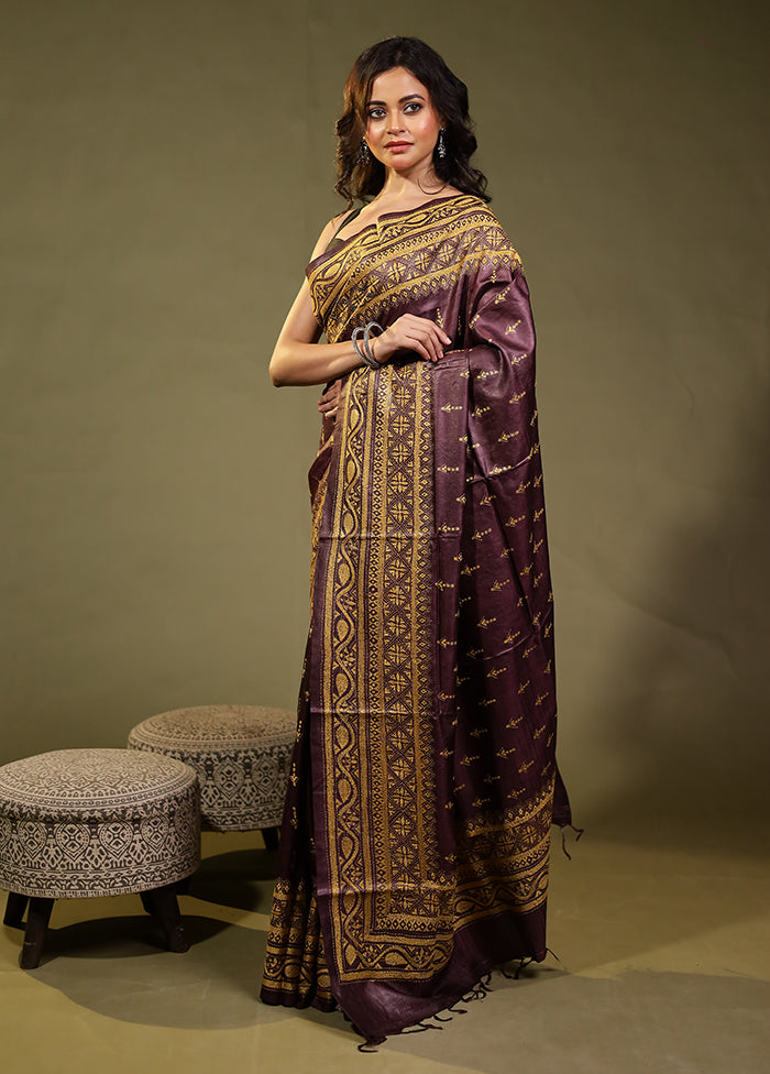 Purple Handloom Kantha Stitch Pure Silk Saree With Blouse Piece