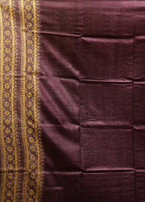 Purple Handloom Kantha Stitch Pure Silk Saree With Blouse Piece