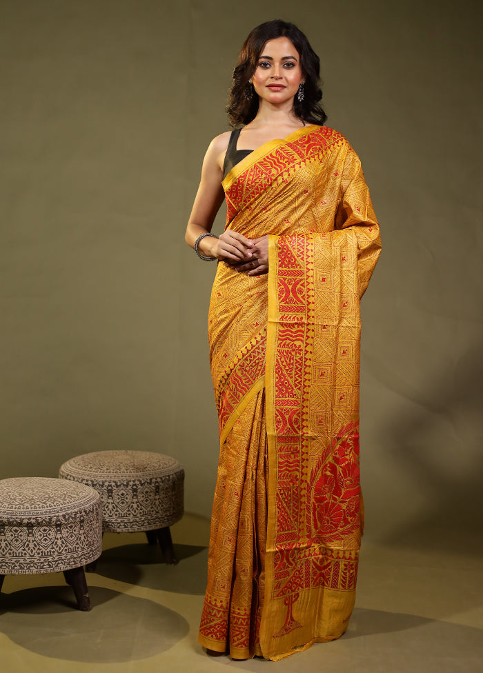 Yellow Handloom Kantha Stitch Pure Silk Saree With Blouse Piece