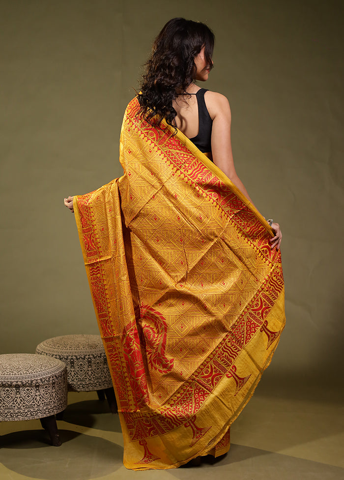Yellow Handloom Kantha Stitch Pure Silk Saree With Blouse Piece