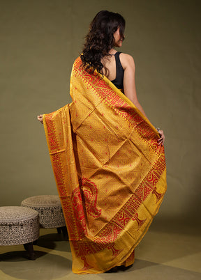 Yellow Handloom Kantha Stitch Pure Silk Saree With Blouse Piece