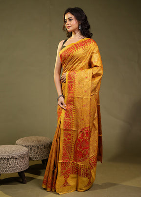 Yellow Handloom Kantha Stitch Pure Silk Saree With Blouse Piece