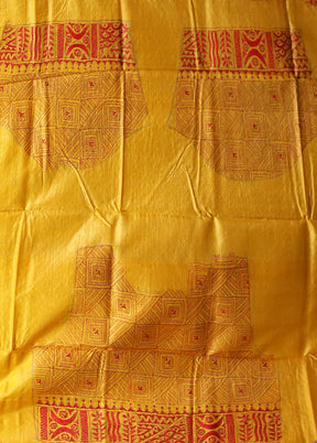Yellow Handloom Kantha Stitch Pure Silk Saree With Blouse Piece