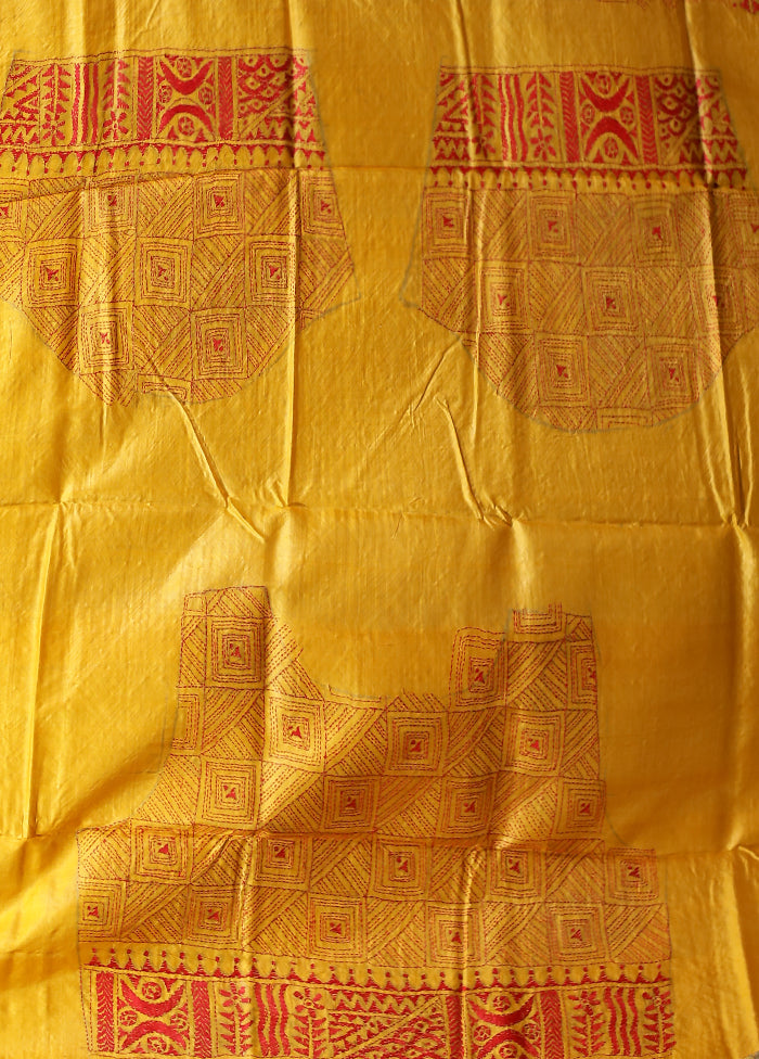 Yellow Handloom Kantha Stitch Pure Silk Saree With Blouse Piece