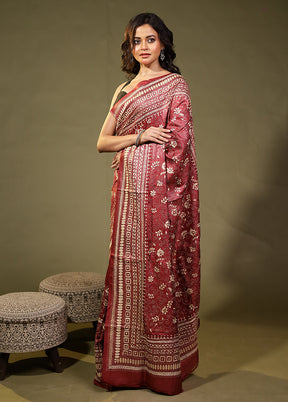 Red Handloom Kantha Stitch Pure Silk Saree With Blouse Piece
