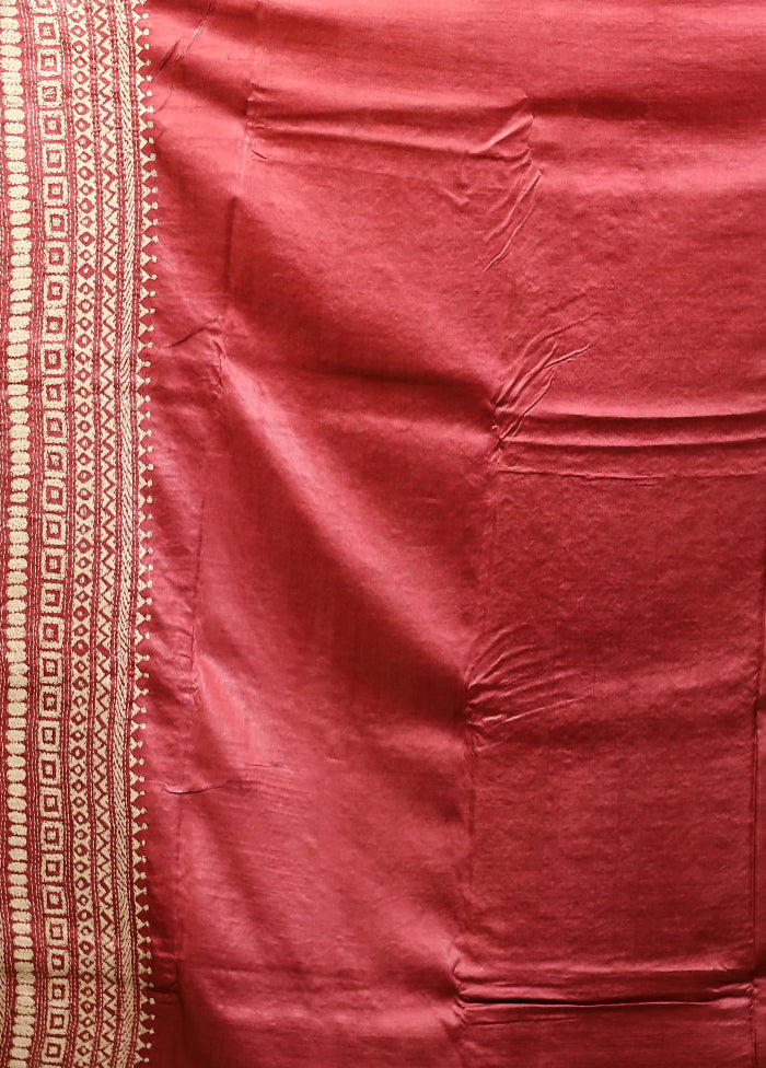Red Handloom Kantha Stitch Pure Silk Saree With Blouse Piece