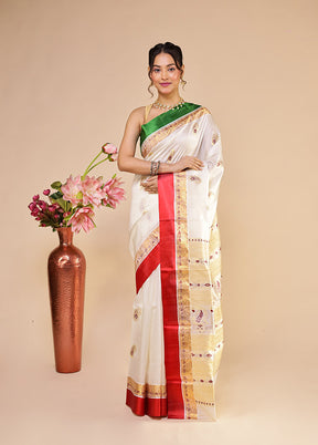 White Garad Pure Silk Saree Without Blouse Piece