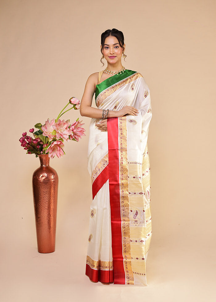 White Garad Pure Silk Saree Without Blouse Piece