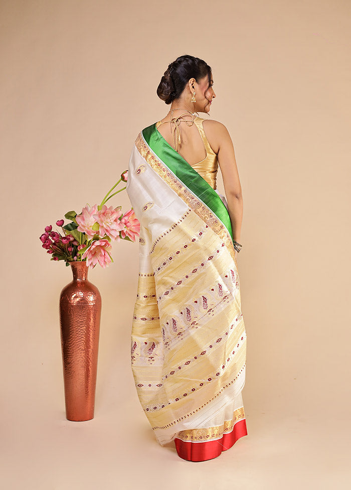 White Garad Pure Silk Saree Without Blouse Piece