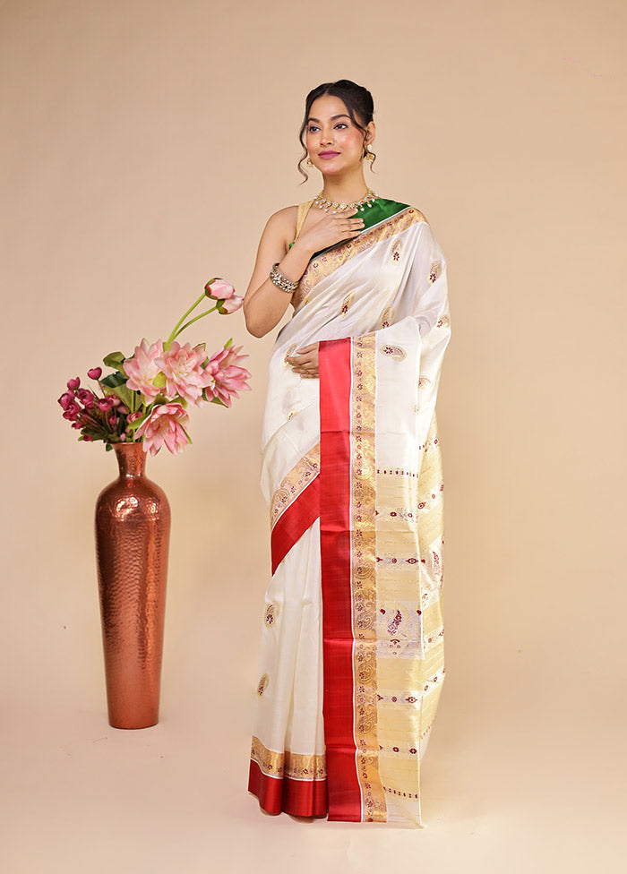 White Garad Pure Silk Saree Without Blouse Piece
