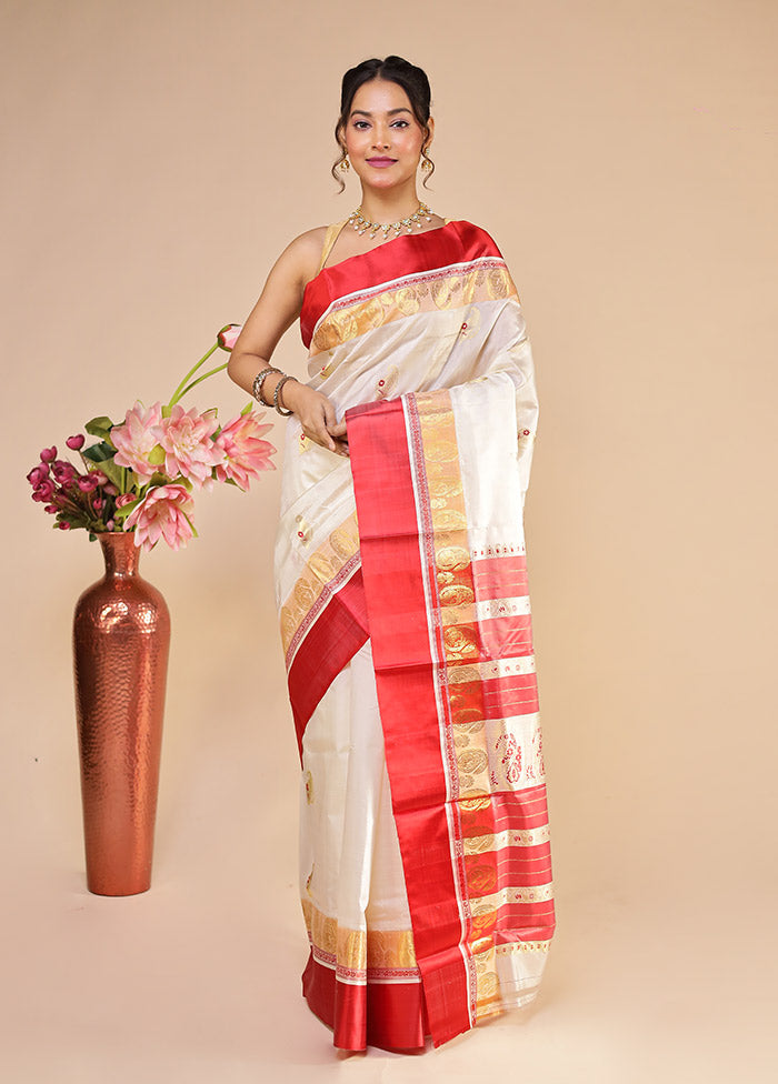 White Garad Pure Silk Saree Without Blouse Piece
