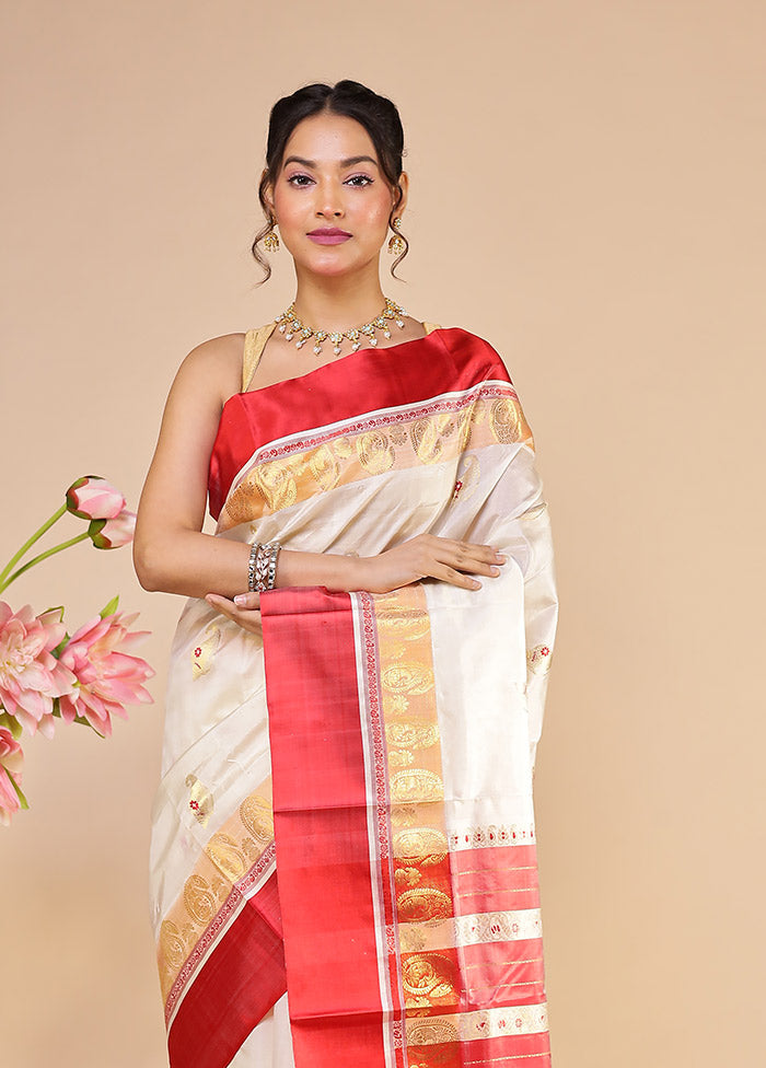 White Garad Pure Silk Saree Without Blouse Piece