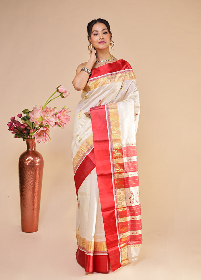 White Garad Pure Silk Saree Without Blouse Piece