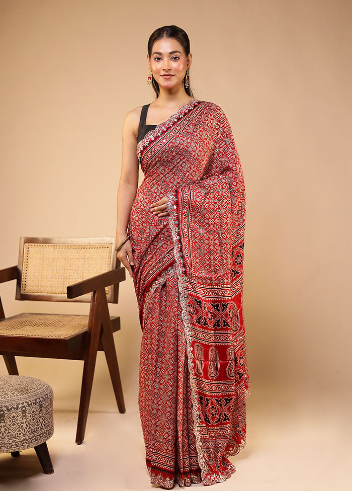 Red Printed Pure Silk Saree Without Blouse Piece