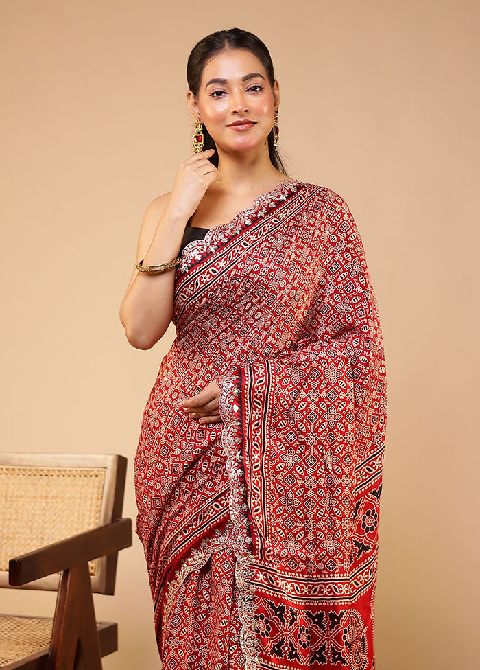 Red Printed Pure Silk Saree Without Blouse Piece