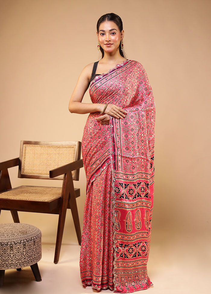 Pink Printed Pure Silk Saree Without Blouse Piece