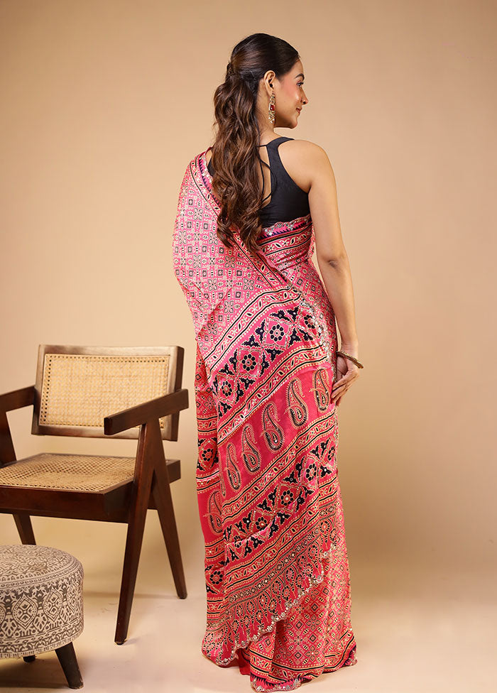 Pink Printed Pure Silk Saree Without Blouse Piece