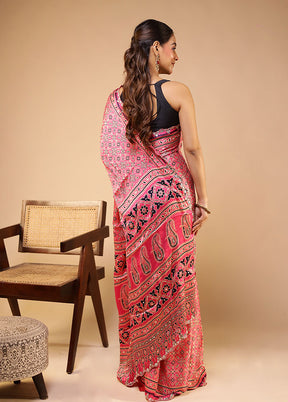 Pink Printed Pure Silk Saree Without Blouse Piece