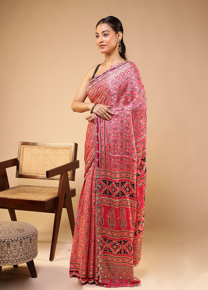 Pink Printed Pure Silk Saree Without Blouse Piece