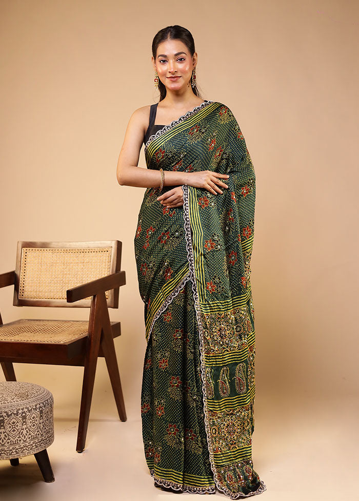 Green Printed Pure Silk Saree Without Blouse Piece