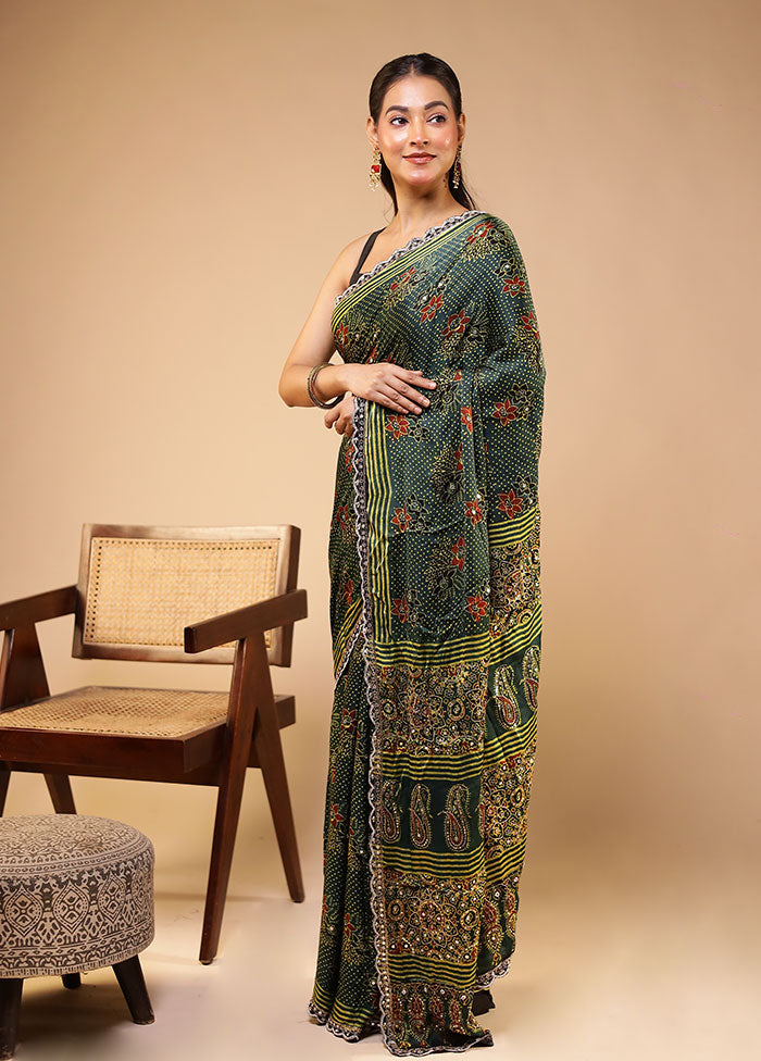 Green Printed Pure Silk Saree Without Blouse Piece
