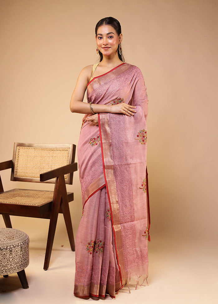 Pink Linen Silk Saree With Blouse Piece