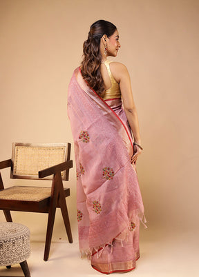 Pink Linen Silk Saree With Blouse Piece