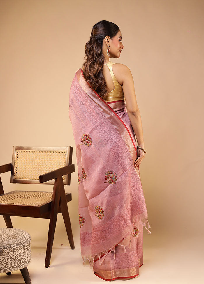 Pink Linen Silk Saree With Blouse Piece